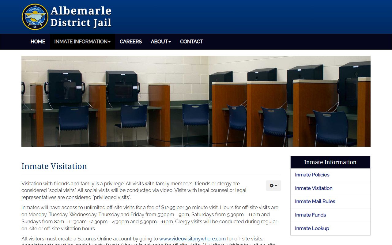Albemarle District Jail visitation schedule for Gates County inmate visits